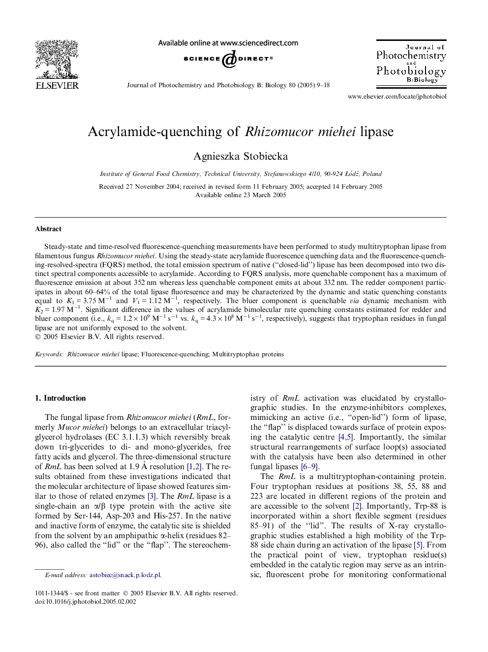 Acrylamide-quenching of Rhizomucor miehei lipase