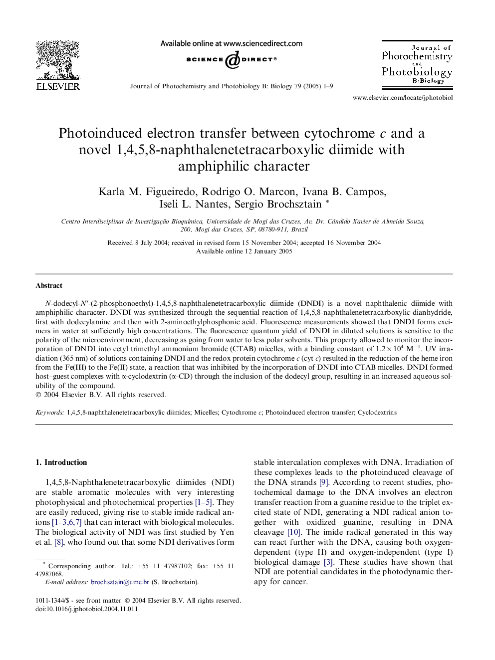 Photoinduced electron transfer between cytochrome c and a novel 1,4,5,8-naphthalenetetracarboxylic diimide with amphiphilic character