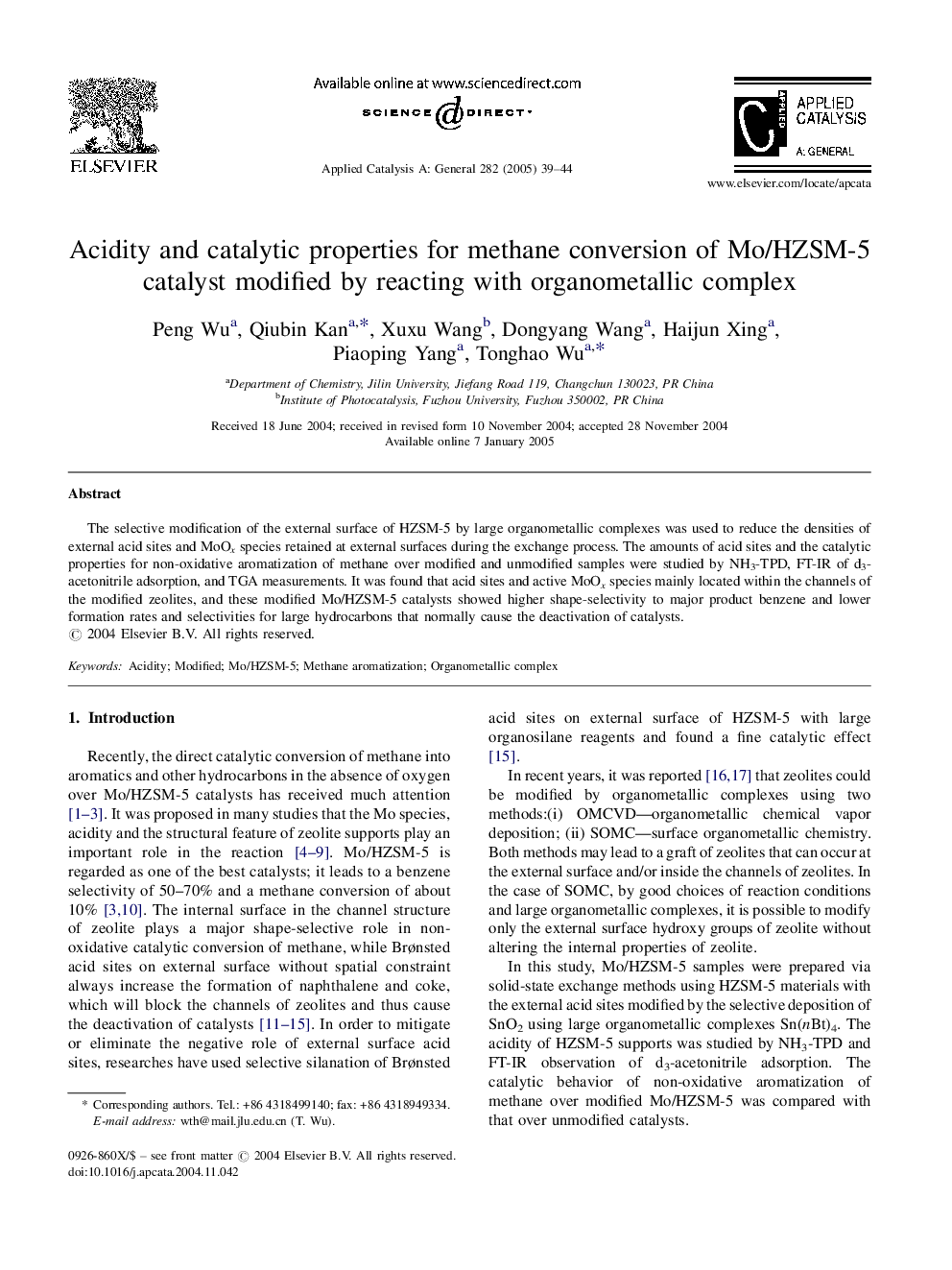 Acidity and catalytic properties for methane conversion of Mo/HZSM-5 catalyst modified by reacting with organometallic complex