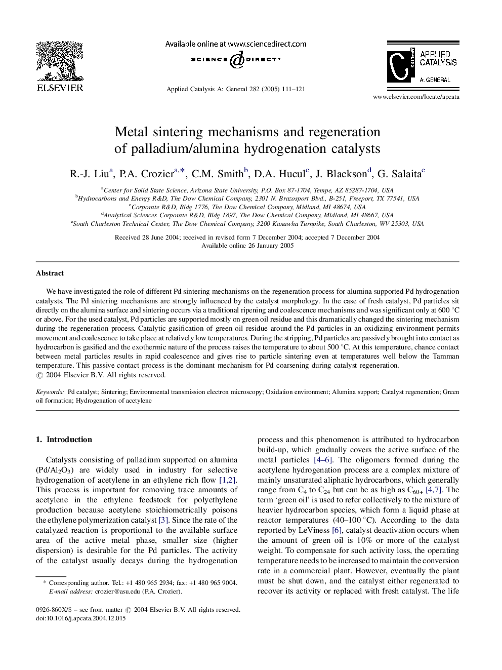 Metal sintering mechanisms and regeneration of palladium/alumina hydrogenation catalysts