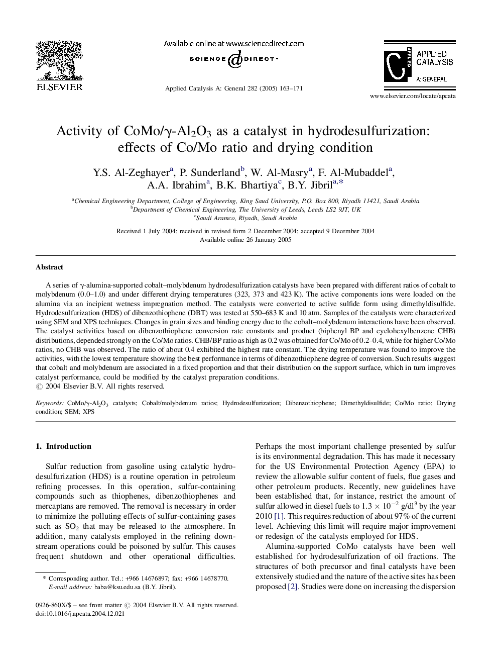 Activity of CoMo/Î³-Al2O3 as a catalyst in hydrodesulfurization: effects of Co/Mo ratio and drying condition