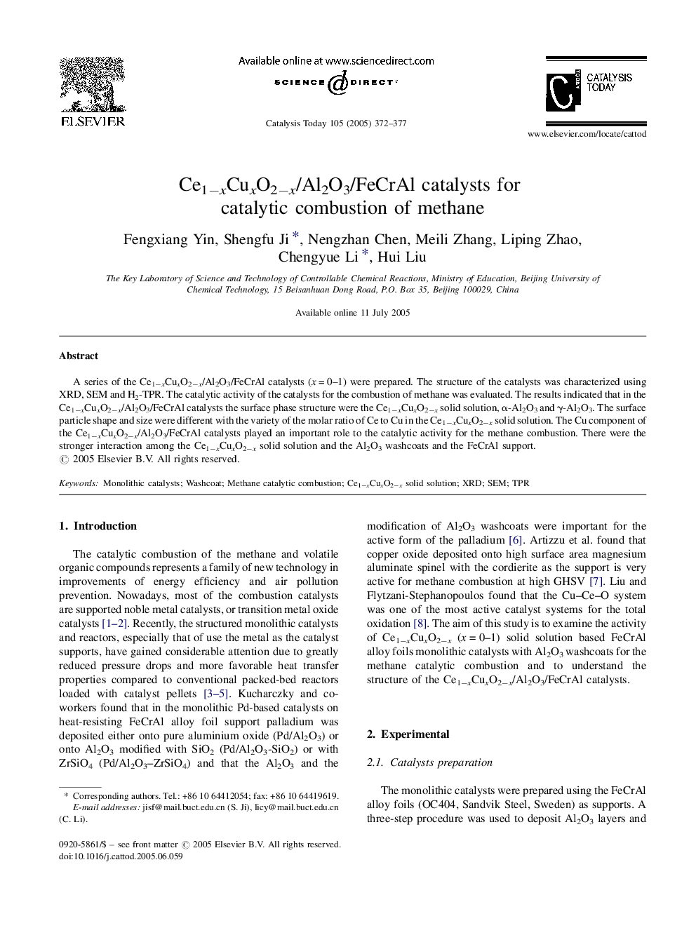 Ce1âxCuxO2âx/Al2O3/FeCrAl catalysts for catalytic combustion of methane