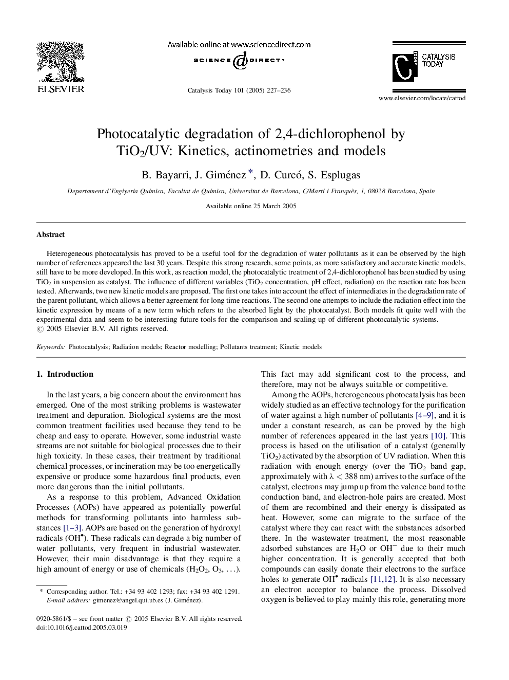 Photocatalytic degradation of 2,4-dichlorophenol by TiO2/UV: Kinetics, actinometries and models