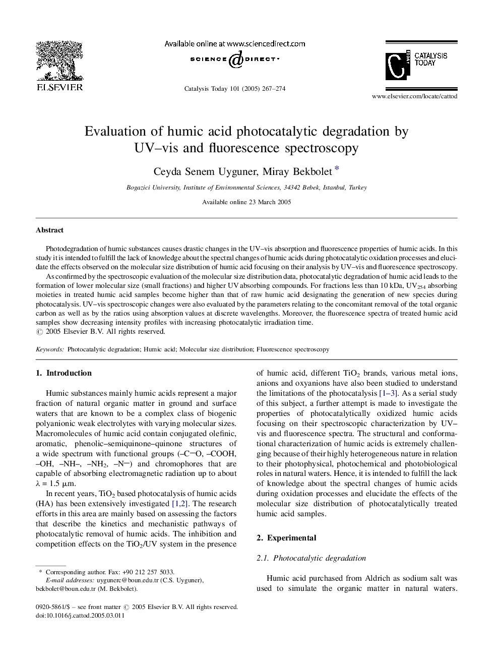 Evaluation of humic acid photocatalytic degradation by UV-vis and fluorescence spectroscopy