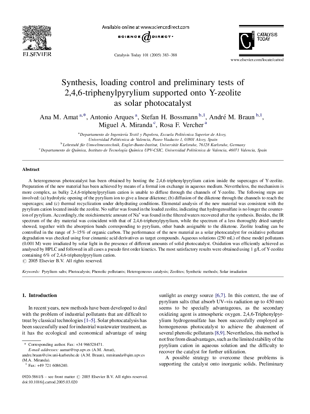 Synthesis, loading control and preliminary tests of 2,4,6-triphenylpyrylium supported onto Y-zeolite as solar photocatalyst