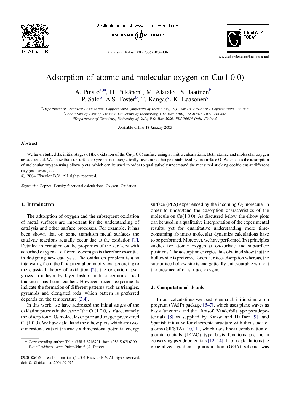 Adsorption of atomic and molecular oxygen on Cu(1Â 0Â 0)