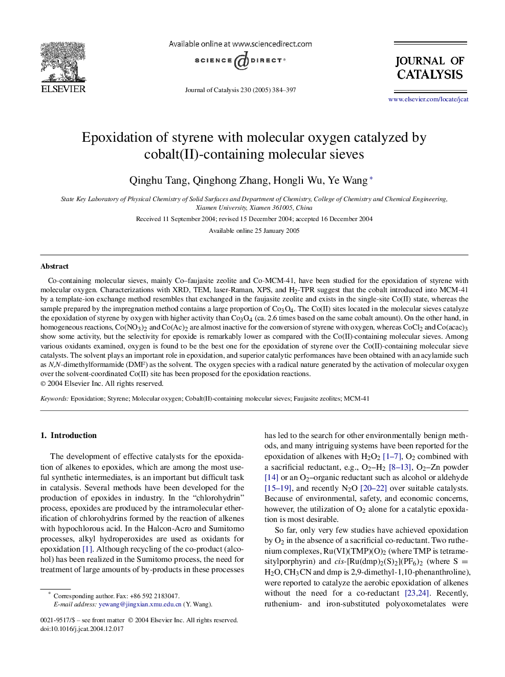 Epoxidation of styrene with molecular oxygen catalyzed by cobalt(II)-containing molecular sieves