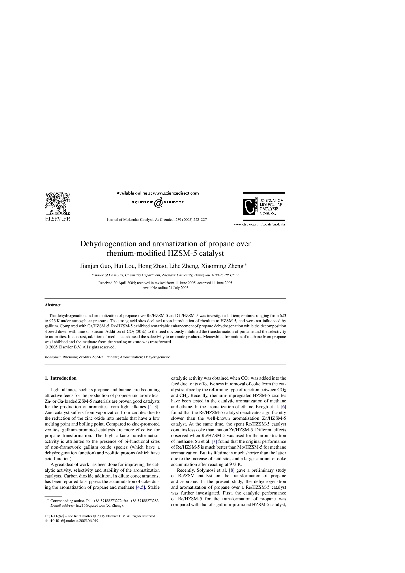 Dehydrogenation and aromatization of propane over rhenium-modified HZSM-5 catalyst