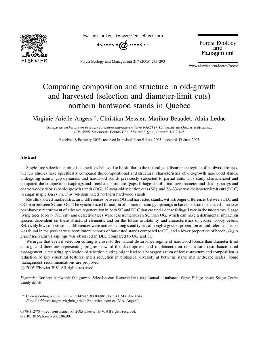 Comparing composition and structure in old-growth and harvested (selection and diameter-limit cuts) northern hardwood stands in Quebec