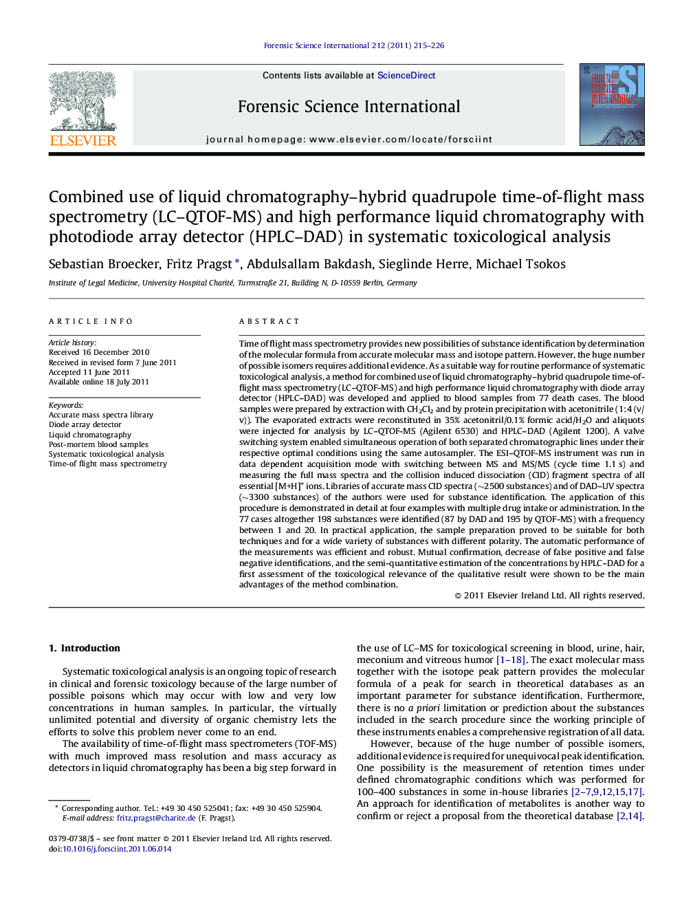 Combined use of liquid chromatography–hybrid quadrupole time-of-flight mass spectrometry (LC–QTOF-MS) and high performance liquid chromatography with photodiode array detector (HPLC–DAD) in systematic toxicological analysis