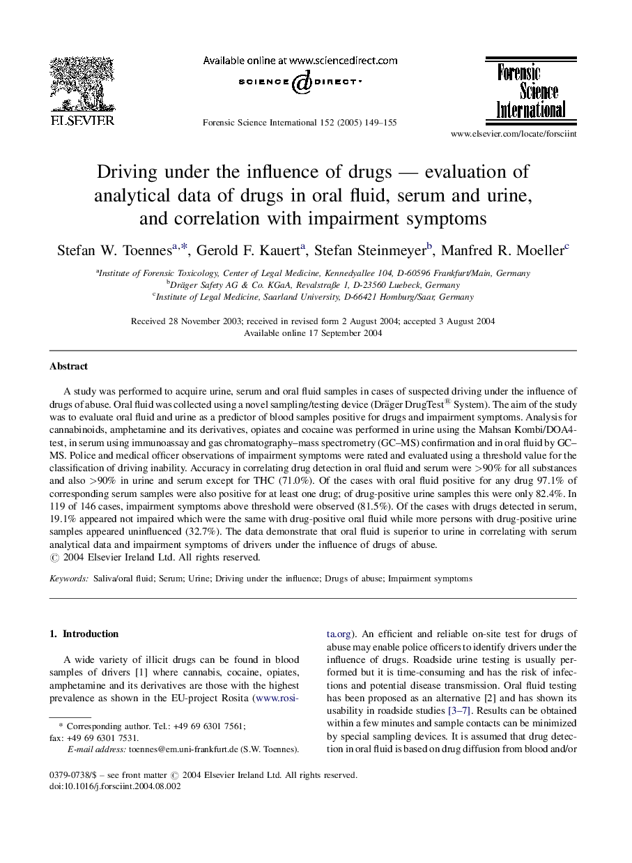 Driving under the influence of drugs - evaluation of analytical data of drugs in oral fluid, serum and urine, and correlation with impairment symptoms