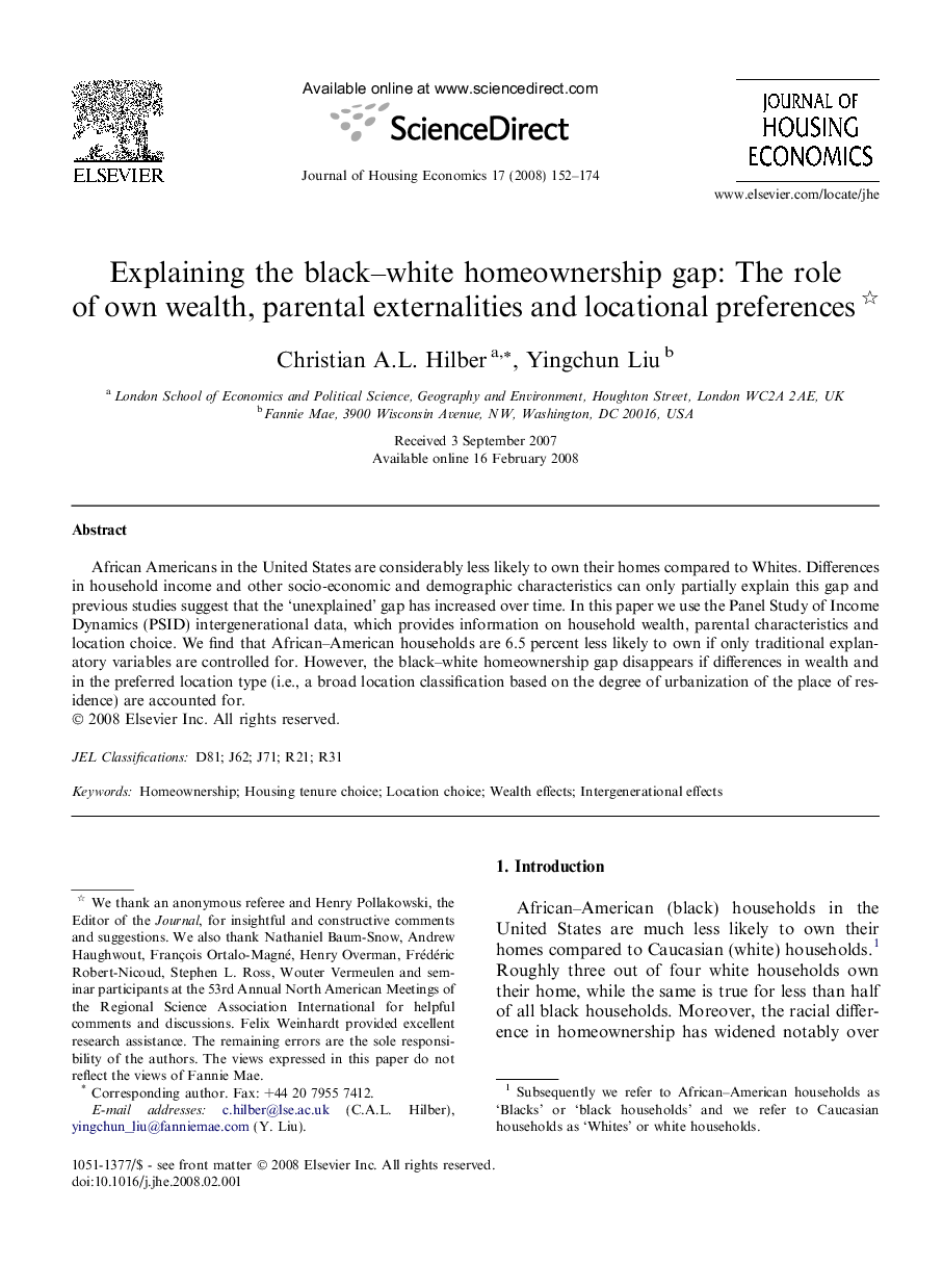 Explaining the black-white homeownership gap: The role of own wealth, parental externalities and locational preferences