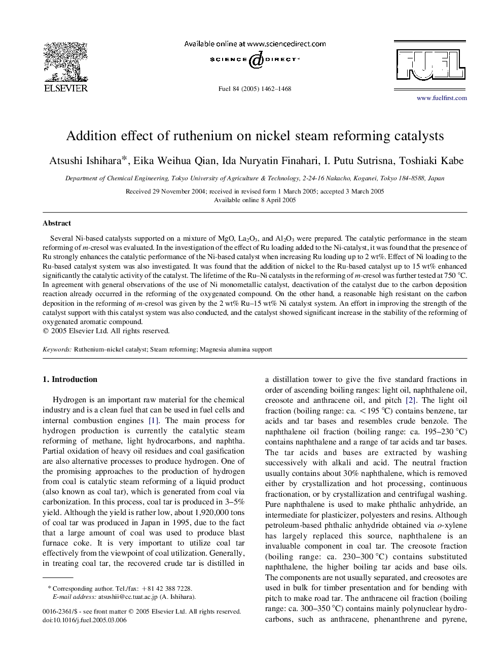 Addition effect of ruthenium on nickel steam reforming catalysts
