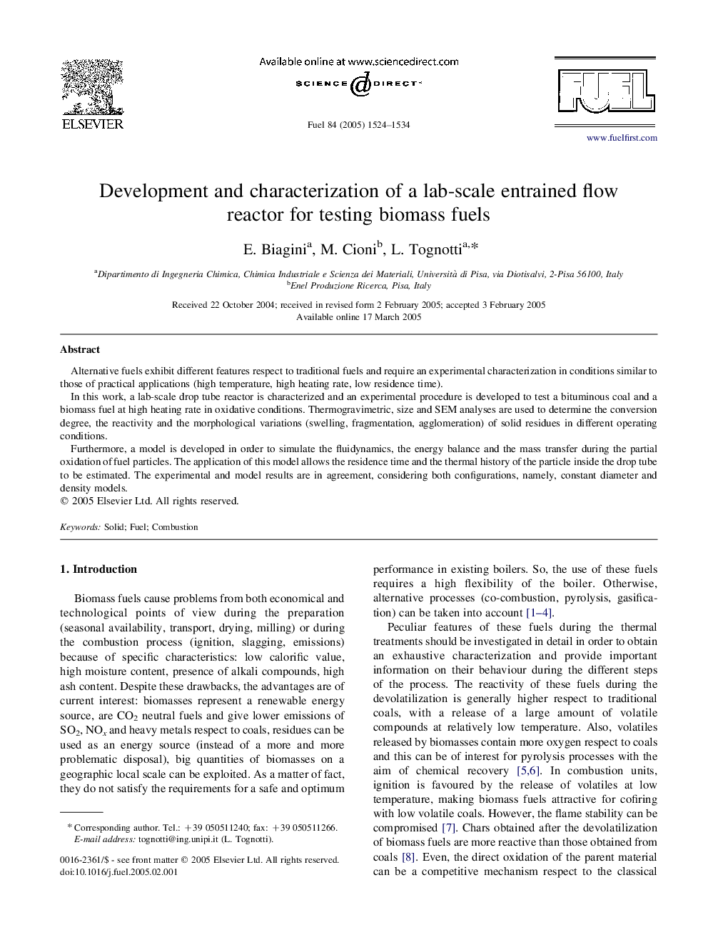 Development and characterization of a lab-scale entrained flow reactor for testing biomass fuels