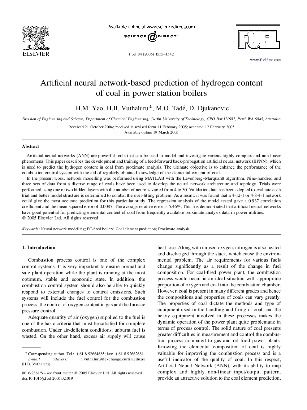 Artificial neural network-based prediction of hydrogen content of coal in power station boilers