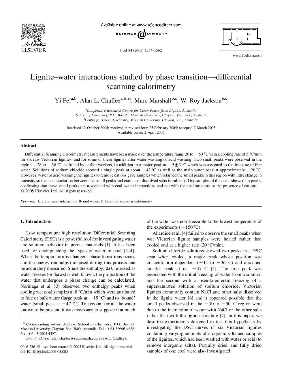 Lignite-water interactions studied by phase transition-differential scanning calorimetry