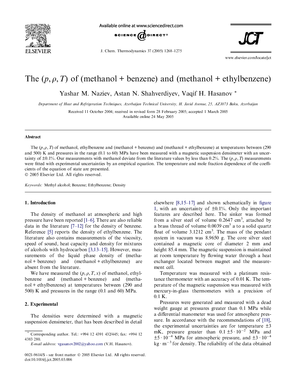 The (p,Â Ï,Â T) of (methanolÂ +Â benzene) and (methanolÂ +Â ethylbenzene)
