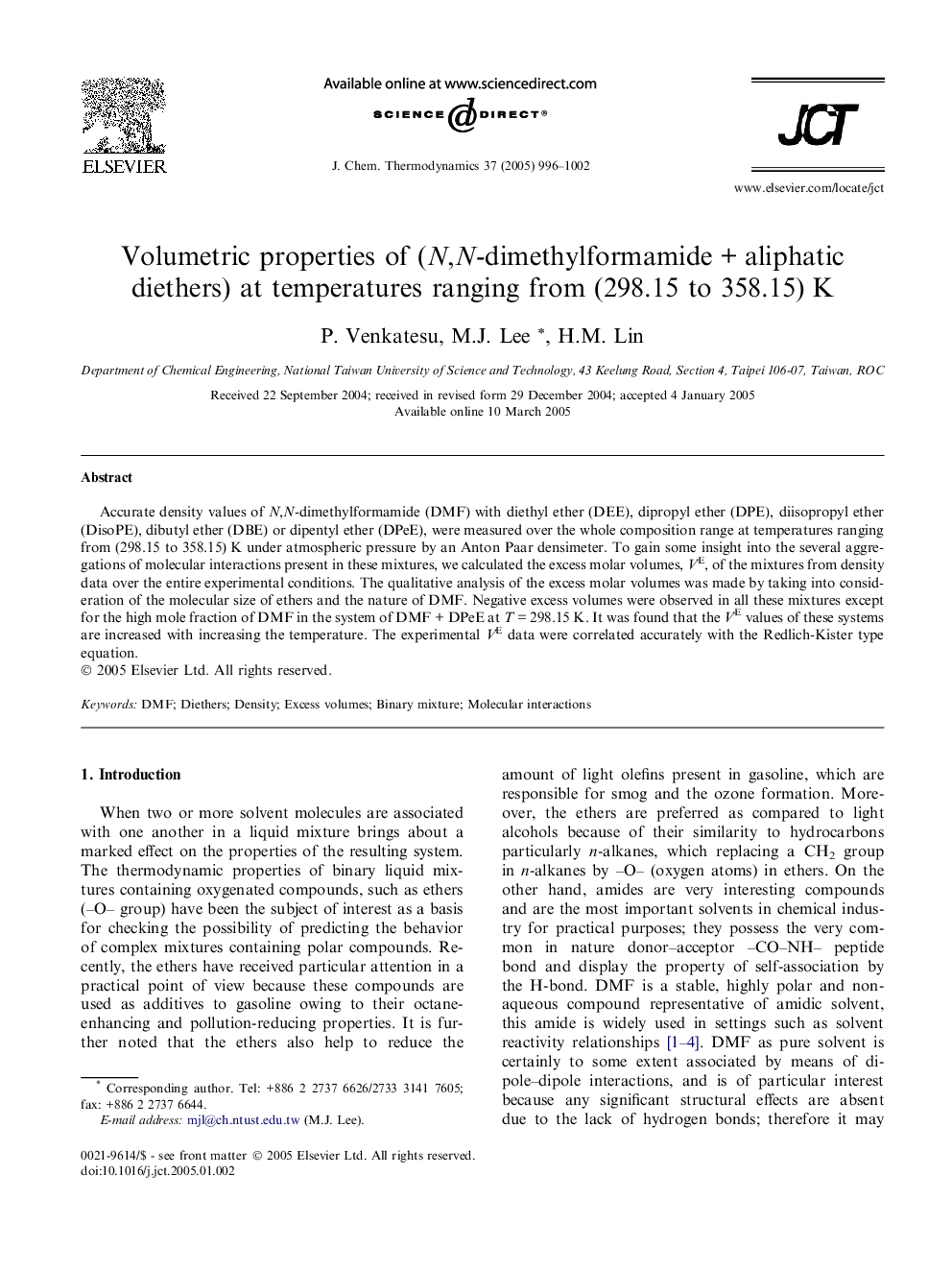 Volumetric properties of (N,N-dimethylformamideÂ +Â aliphatic diethers) at temperatures ranging from (298.15 to 358.15)Â K