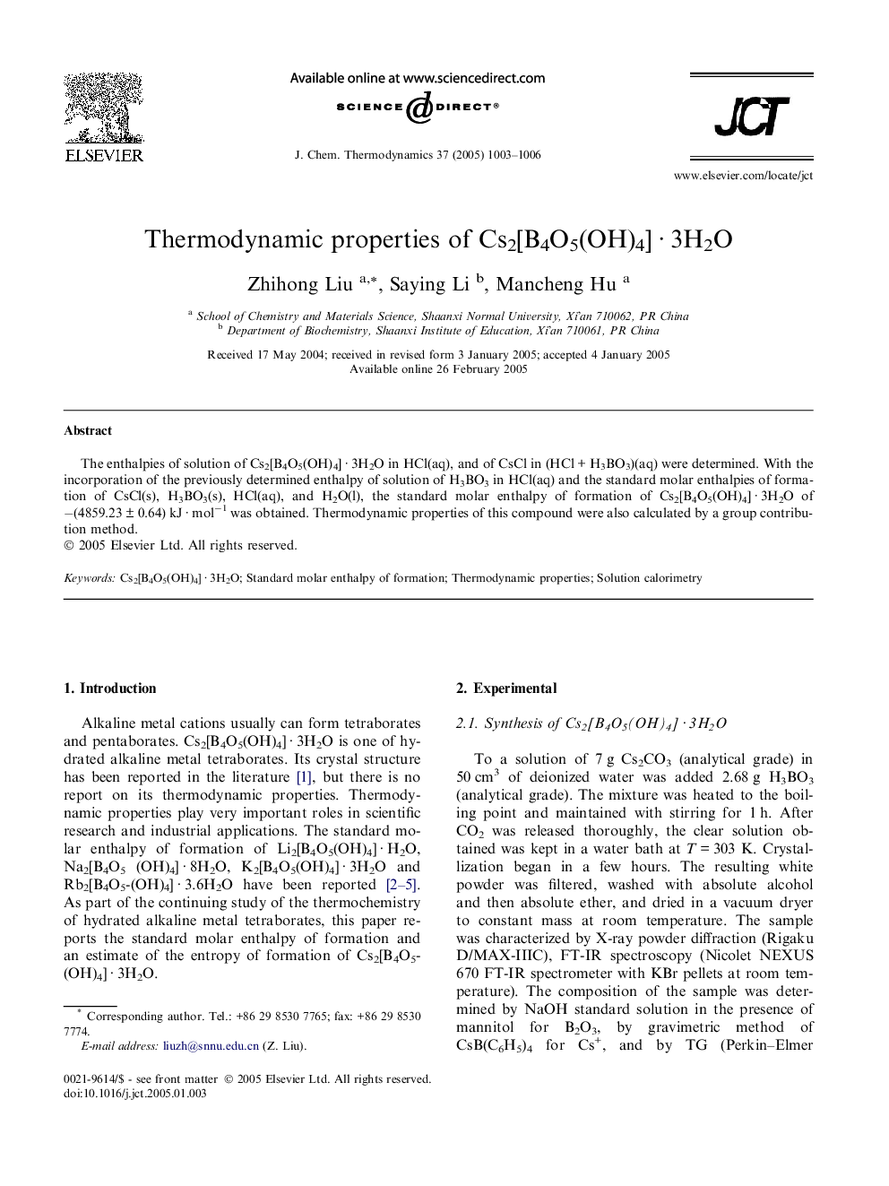 Thermodynamic properties of Cs2[B4O5(OH)4]Â Â·Â 3H2O