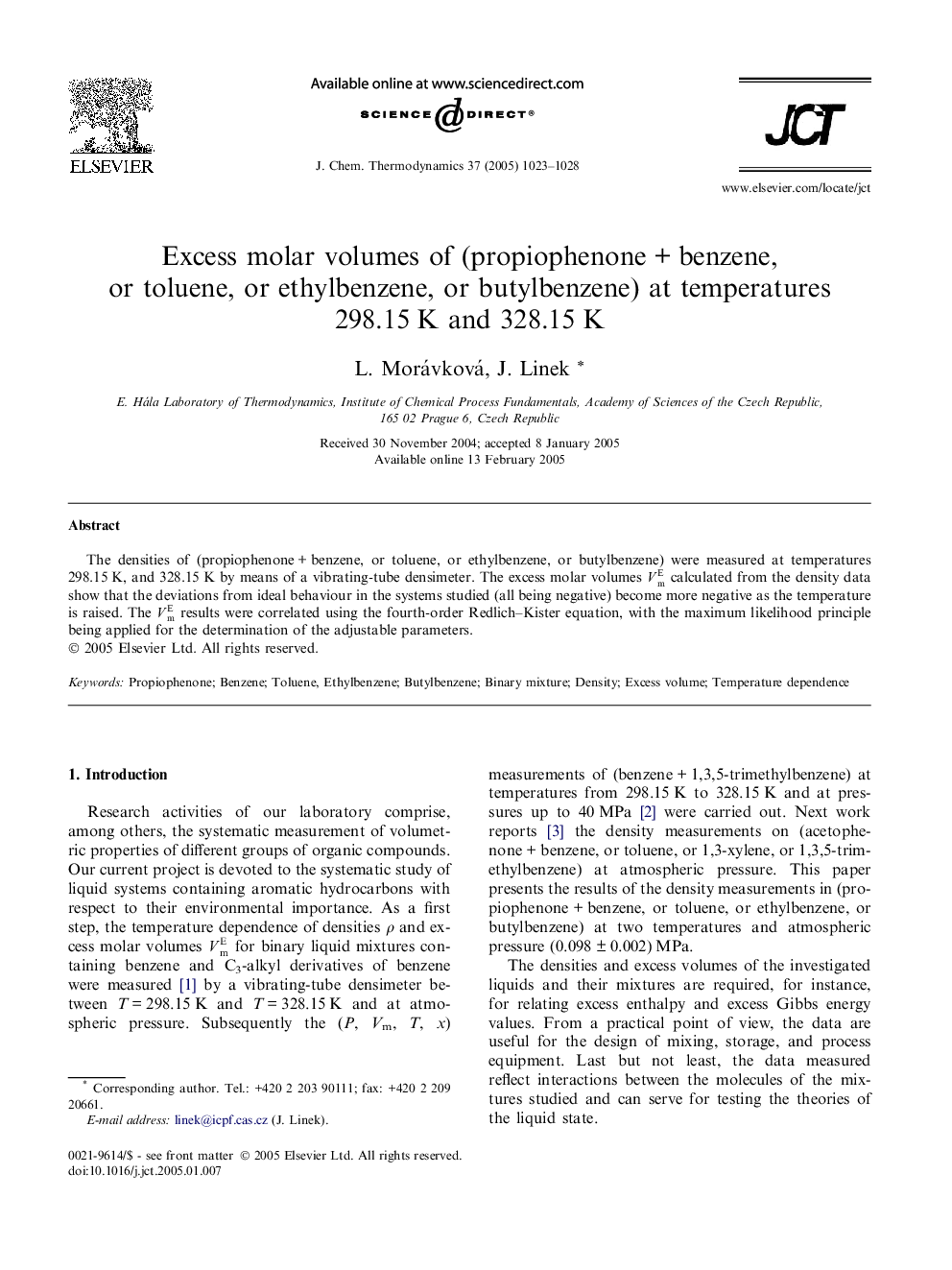 Excess molar volumes of (propiophenoneÂ +Â benzene, or toluene, or ethylbenzene, or butylbenzene) at temperatures 298.15Â K and 328.15Â K