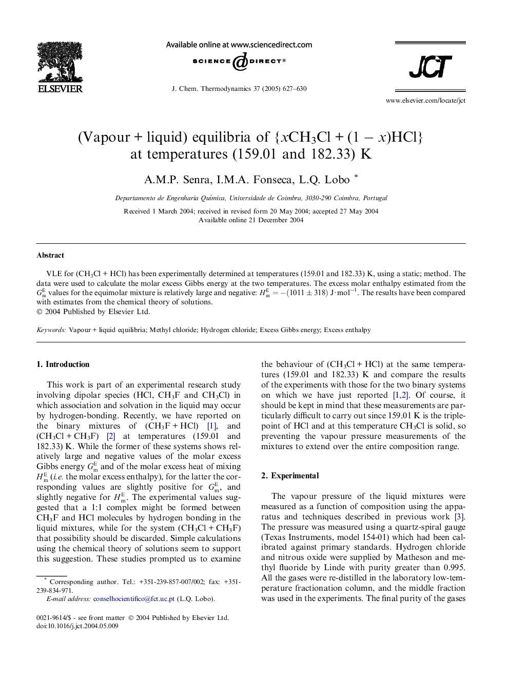 (VapourÂ +Â liquid) equilibria of {xCH3ClÂ +Â (1Â âÂ x)HCl} at temperatures (159.01 and 182.33) K