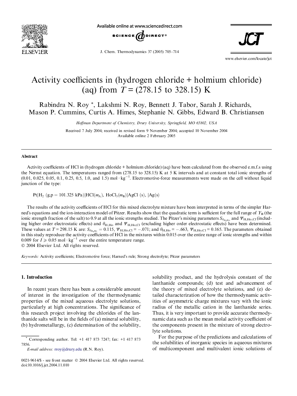 Activity coefficients in (hydrogen chlorideÂ +Â holmium chloride) (aq) from TÂ =Â (278.15 to 328.15) K