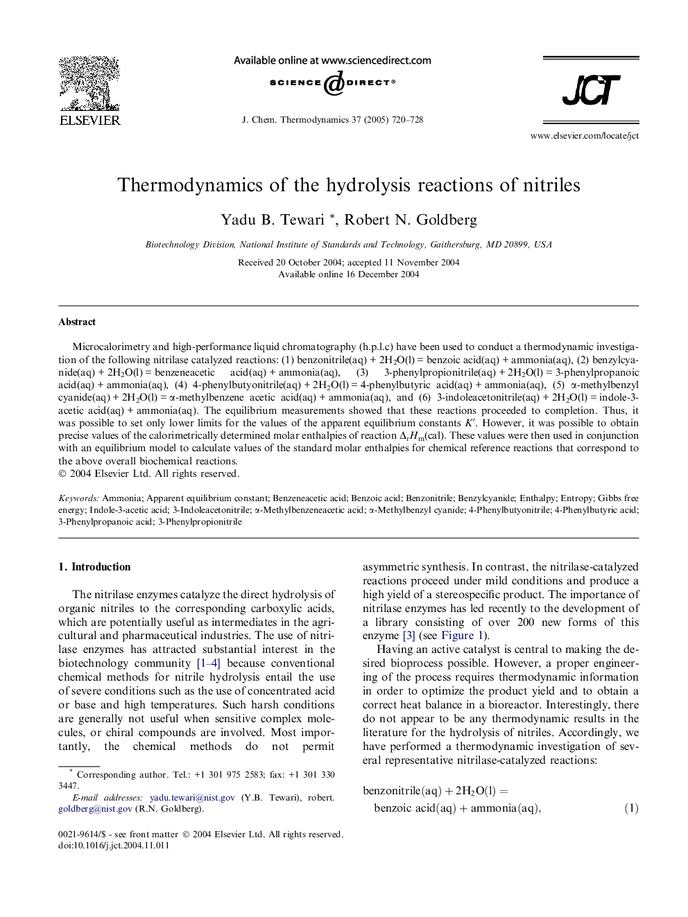 Thermodynamics of the hydrolysis reactions of nitriles