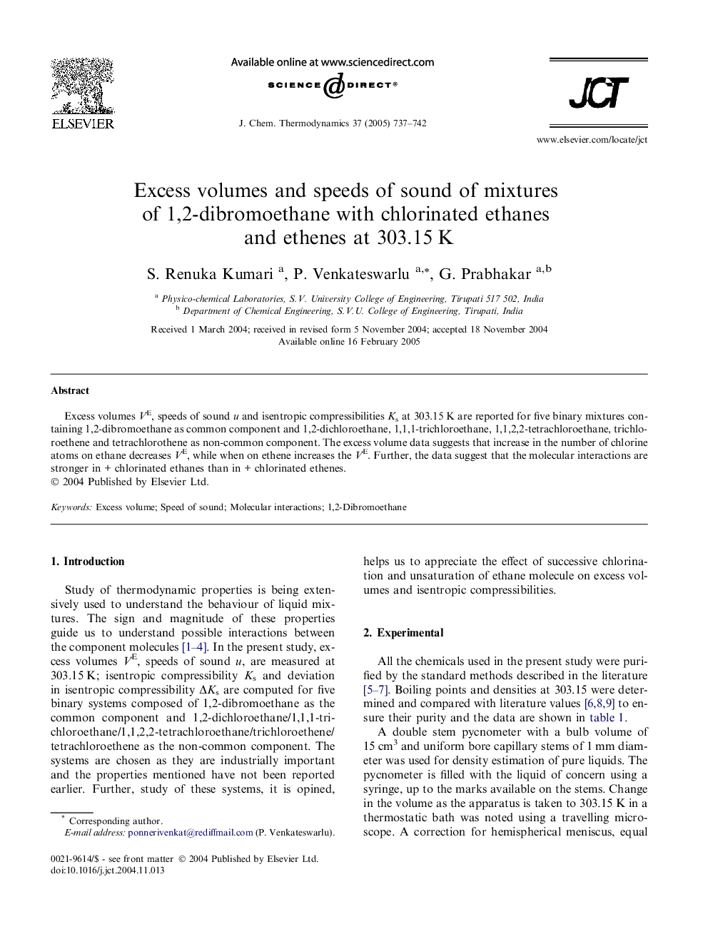 Excess volumes and speeds of sound of mixtures of 1,2-dibromoethane with chlorinated ethanes and ethenes at 303.15Â K