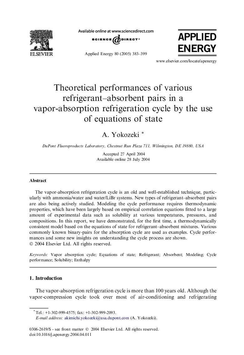 Theoretical performances of various refrigerant-absorbent pairs in a vapor-absorption refrigeration cycle by the use of equations of state