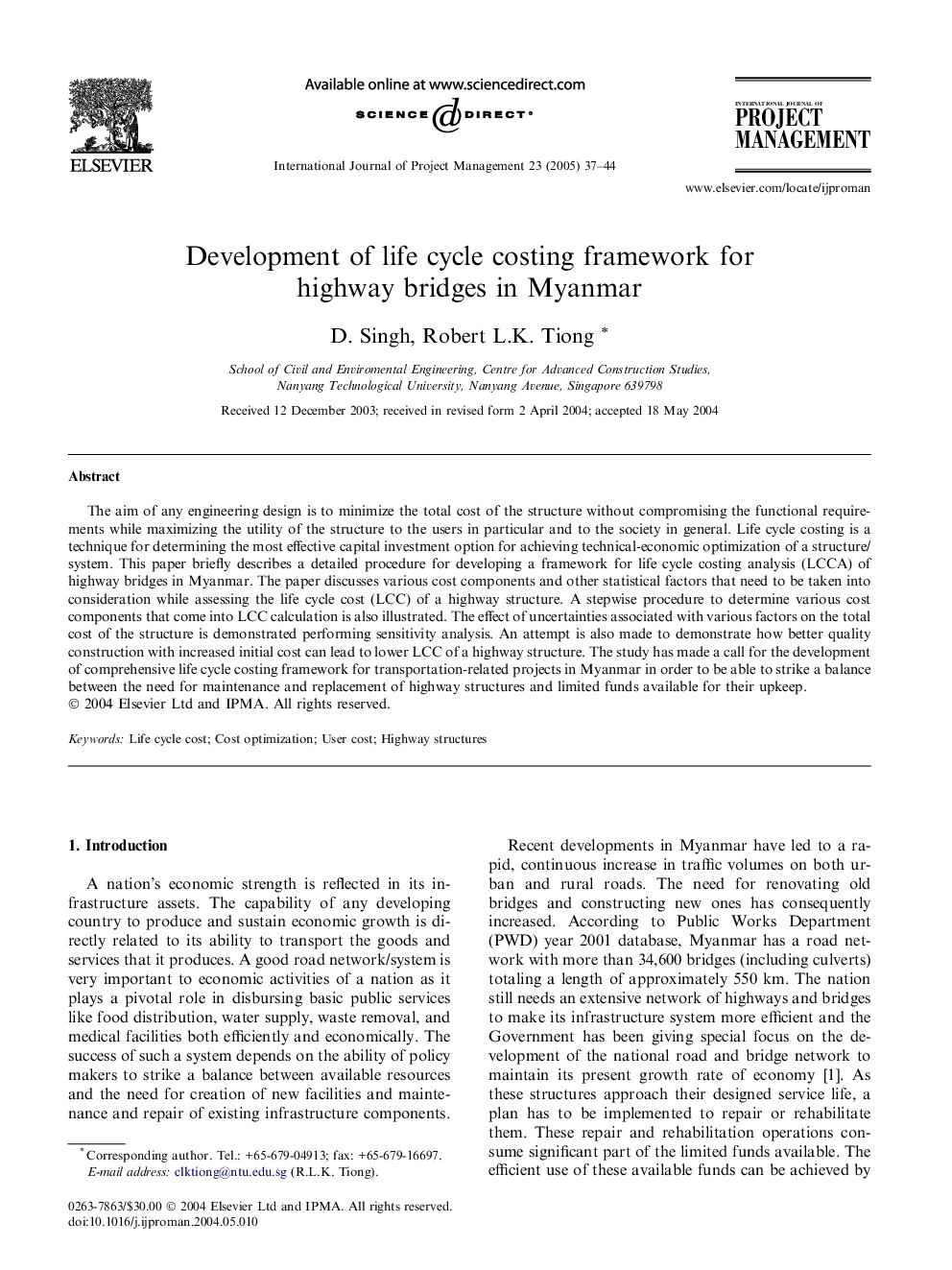 Development of life cycle costing framework for highway bridges in Myanmar