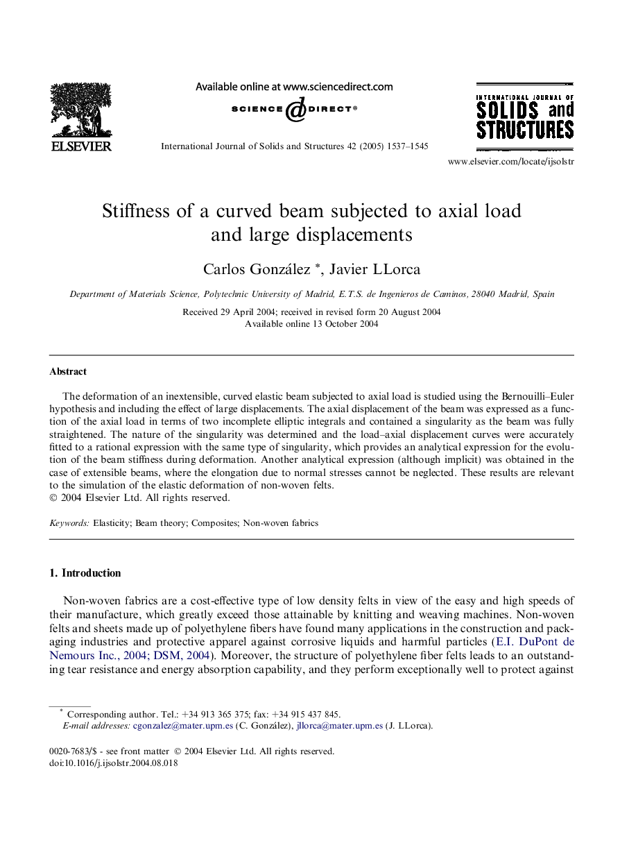 Stiffness of a curved beam subjected to axial load and large displacements