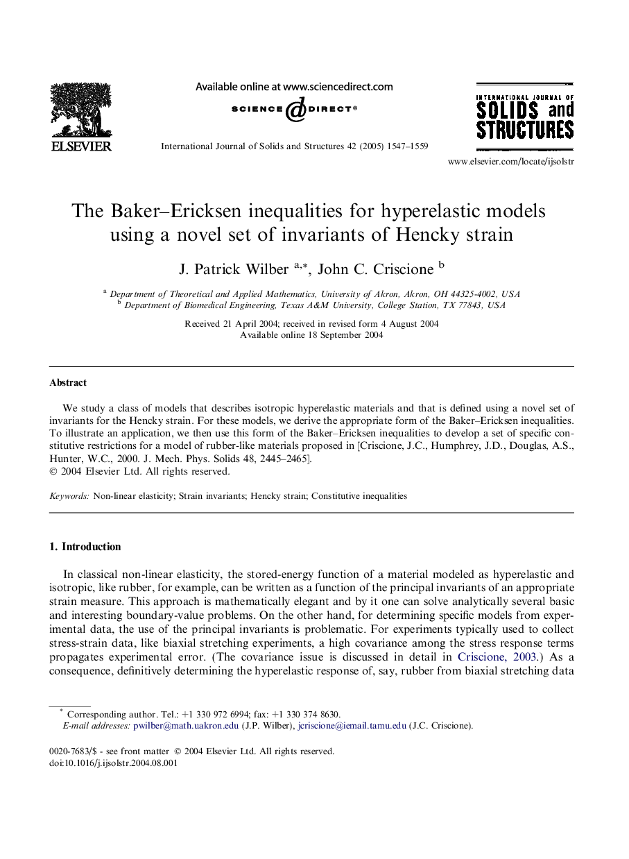 The Baker-Ericksen inequalities for hyperelastic models using a novel set of invariants of Hencky strain