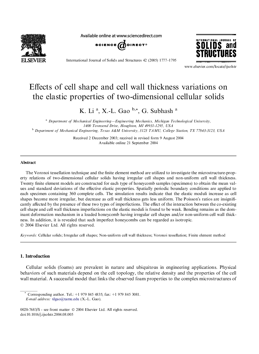 Effects of cell shape and cell wall thickness variations on the elastic properties of two-dimensional cellular solids