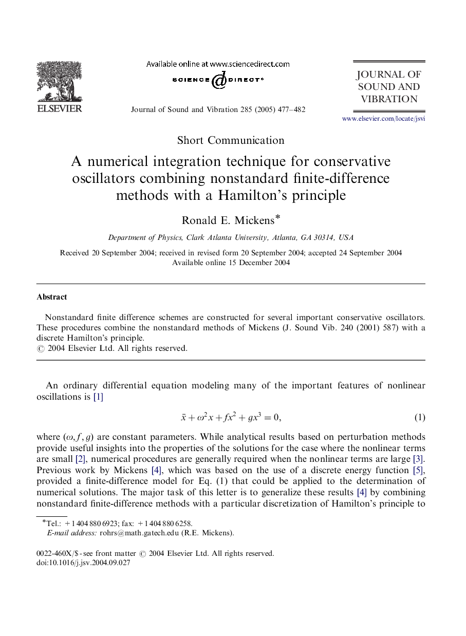 A numerical integration technique for conservative oscillators combining nonstandard finite-difference methods with a Hamilton's principle