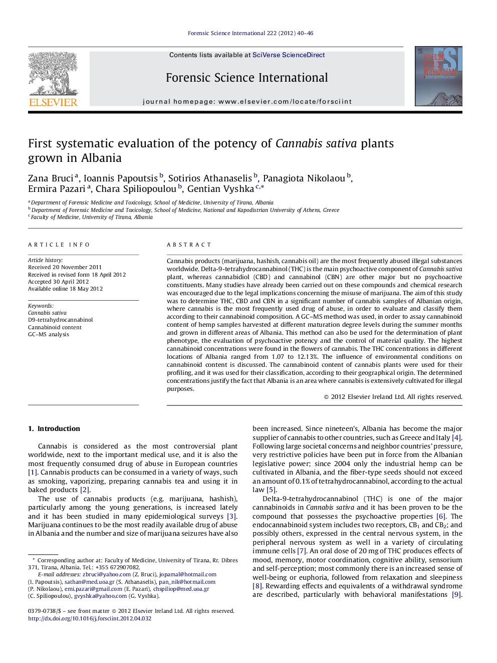 First systematic evaluation of the potency of Cannabis sativa plants grown in Albania