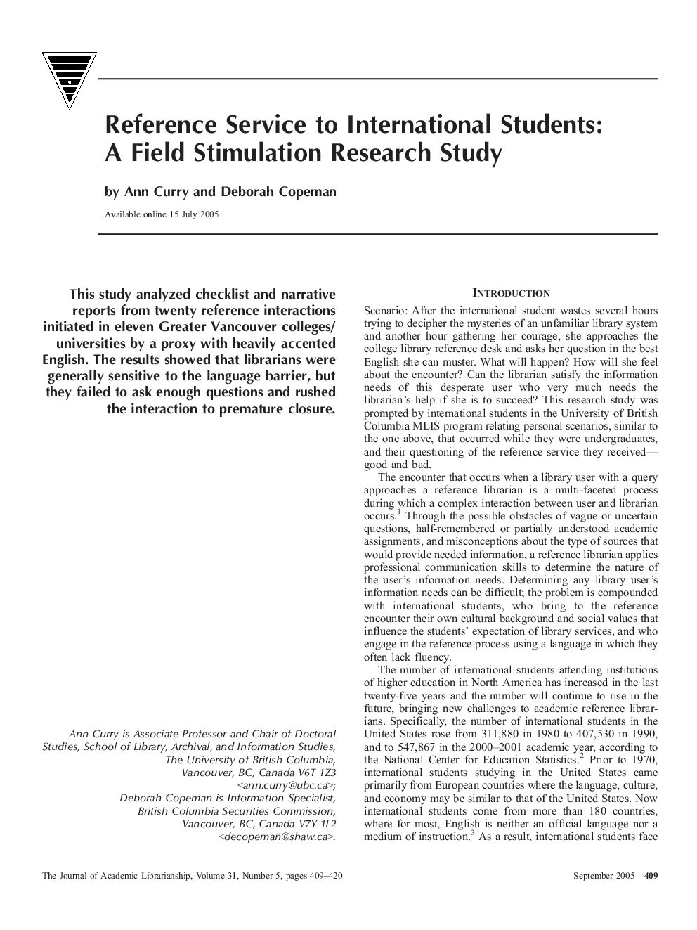 Reference service to international students: A field stimulation research study