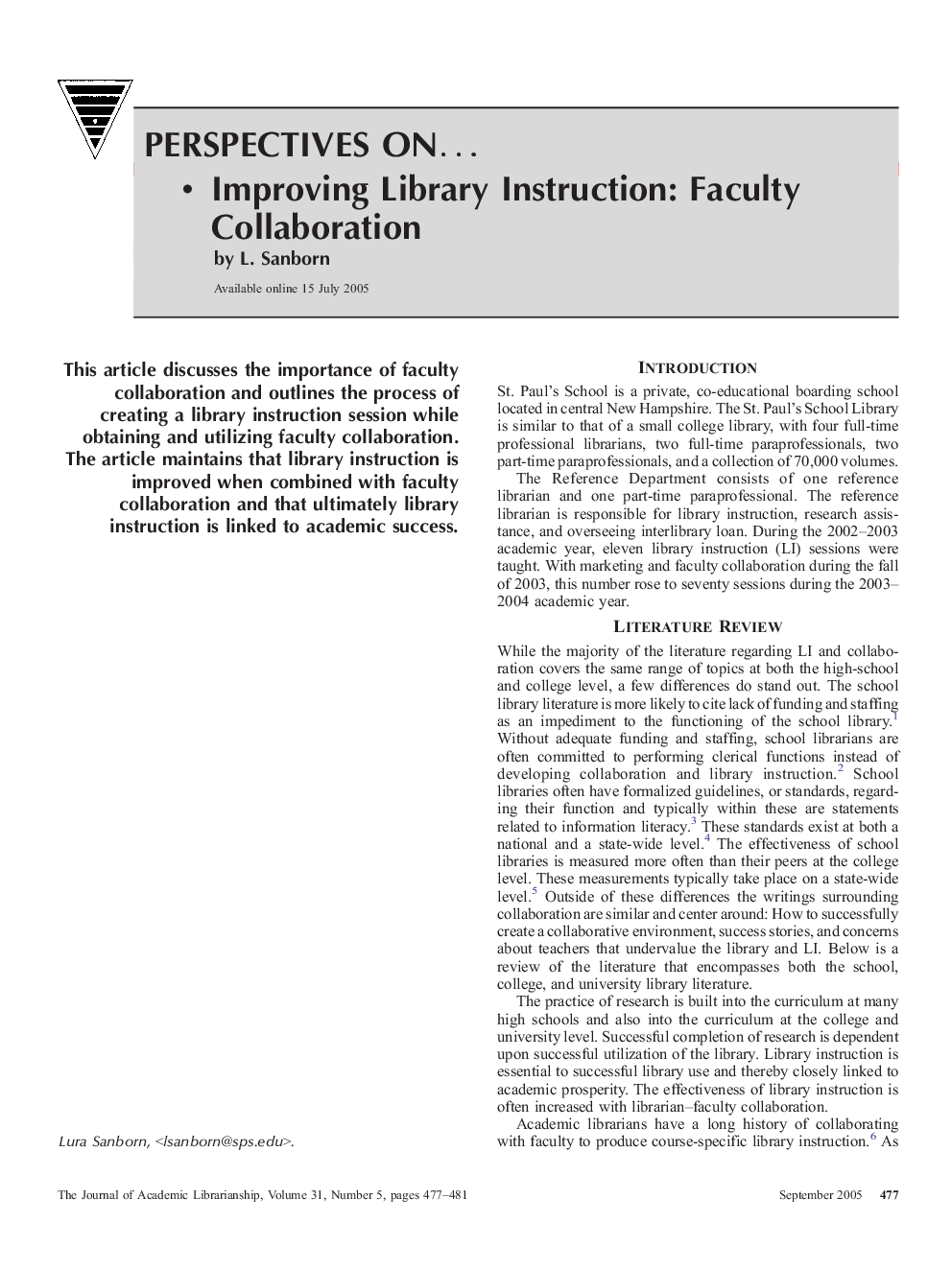 Perspectives onâ¦ Improving Library Instruction: Faculty Collaboration