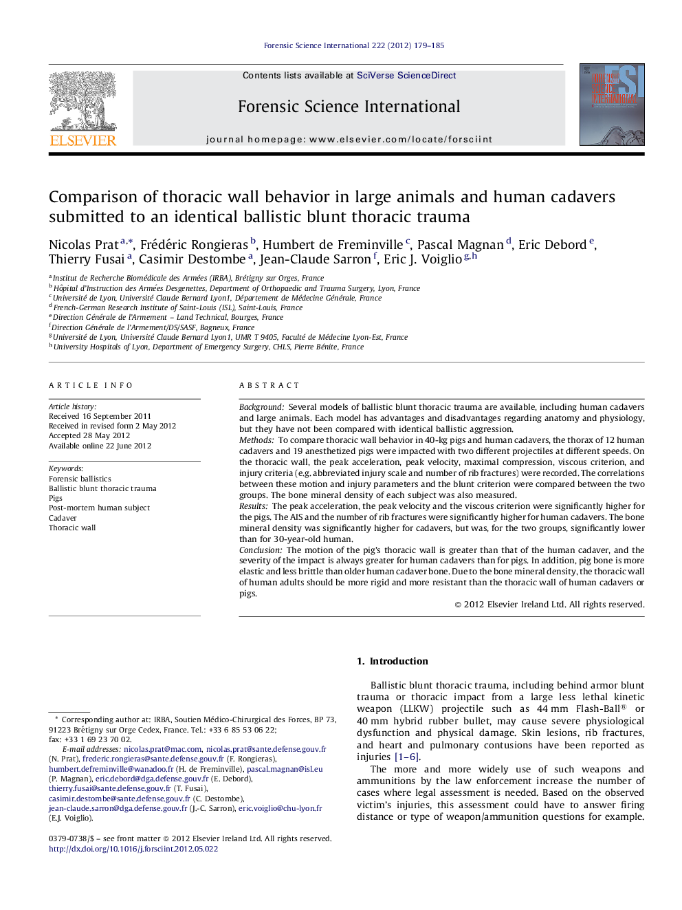 Comparison of thoracic wall behavior in large animals and human cadavers submitted to an identical ballistic blunt thoracic trauma