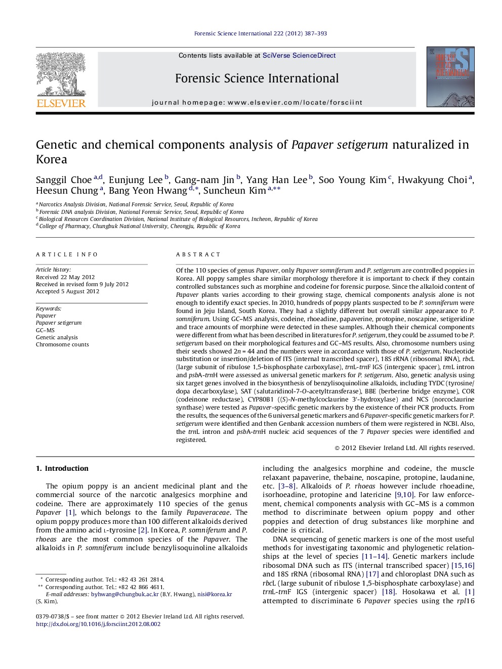 Genetic and chemical components analysis of Papaver setigerum naturalized in Korea