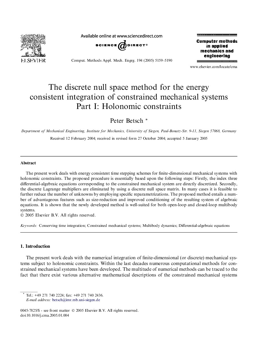 The discrete null space method for the energy consistent integration of constrained mechanical systems