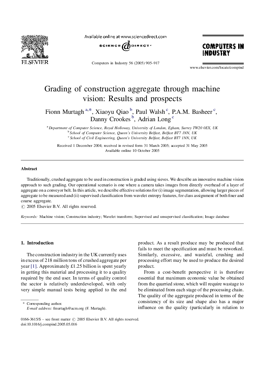 Grading of construction aggregate through machine vision: Results and prospects