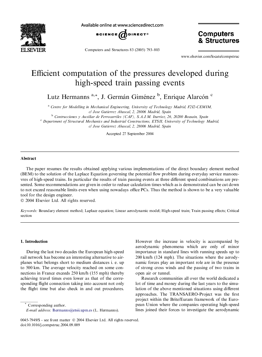 Efficient computation of the pressures developed during high-speed train passing events