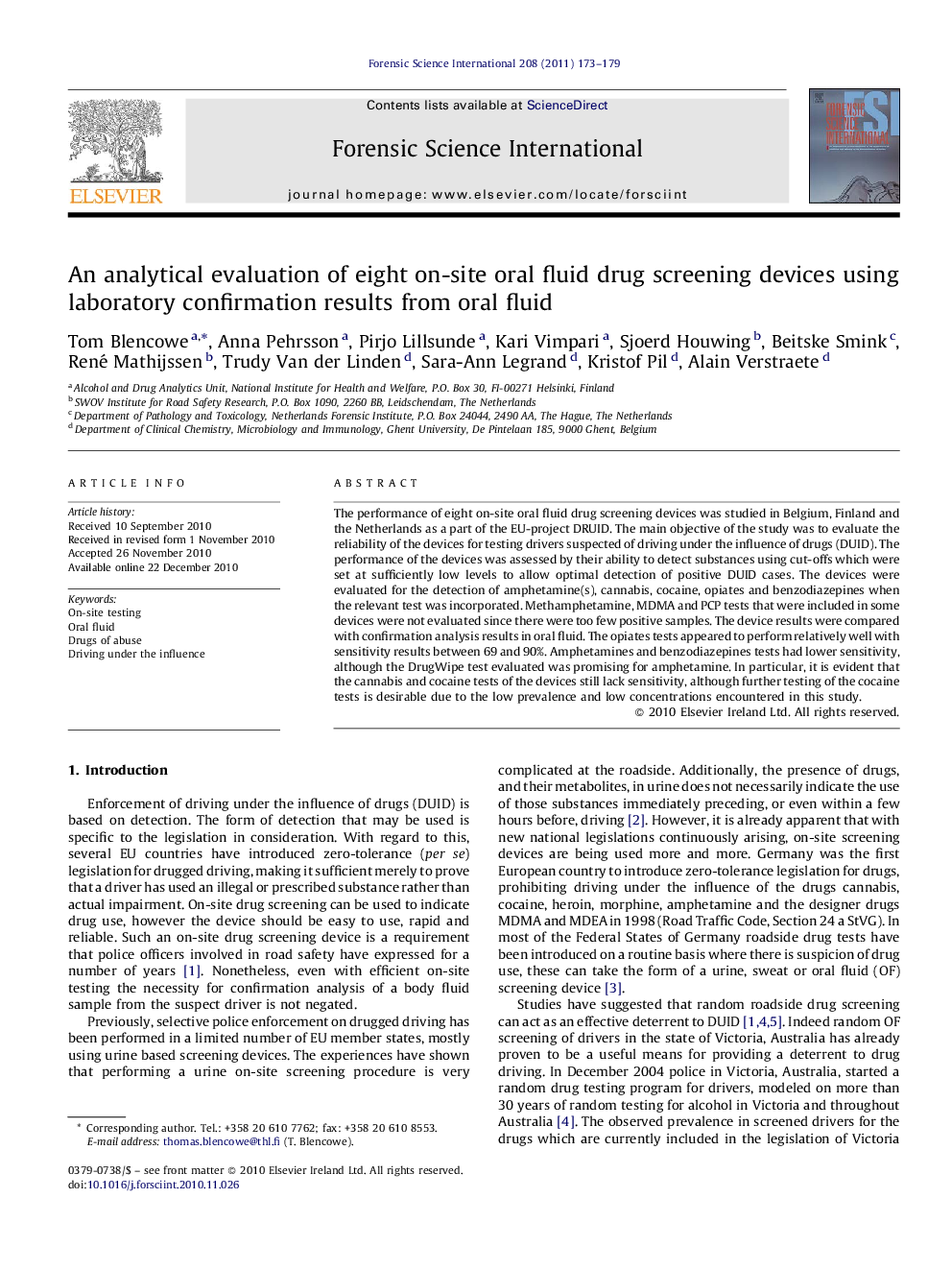 An analytical evaluation of eight on-site oral fluid drug screening devices using laboratory confirmation results from oral fluid