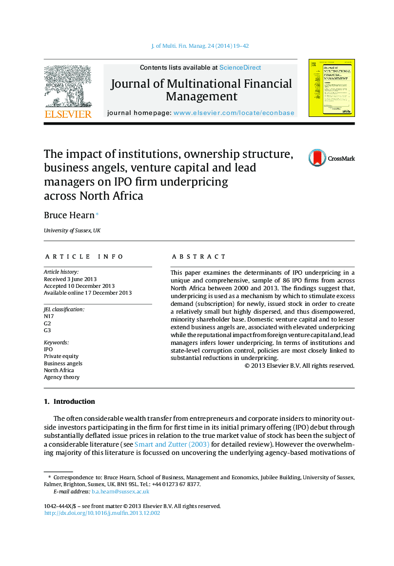 The impact of institutions, ownership structure, business angels, venture capital and lead managers on IPO firm underpricing across North Africa