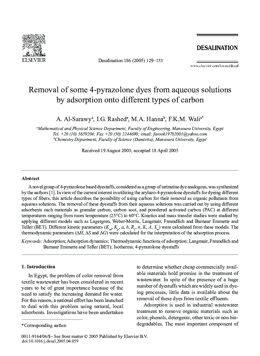 Removal of some 4-pyrazolone dyes from aqueous solutions by adsorption onto different types of carbon