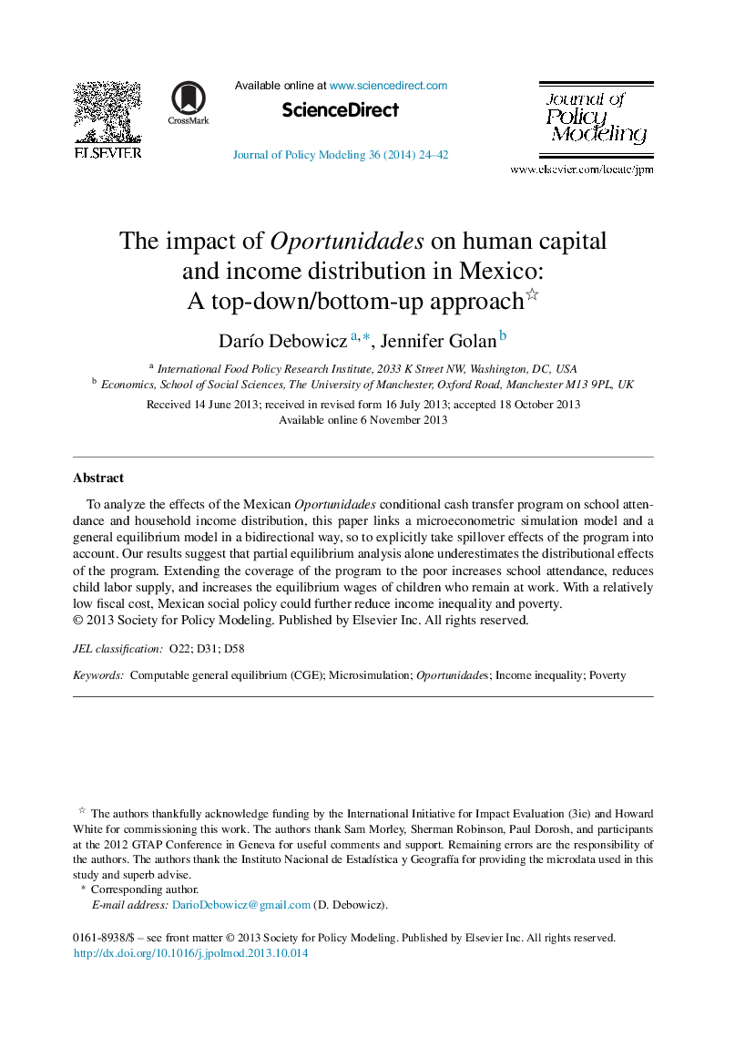 The impact of Oportunidades on human capital and income distribution in Mexico: A top-down/bottom-up approach 