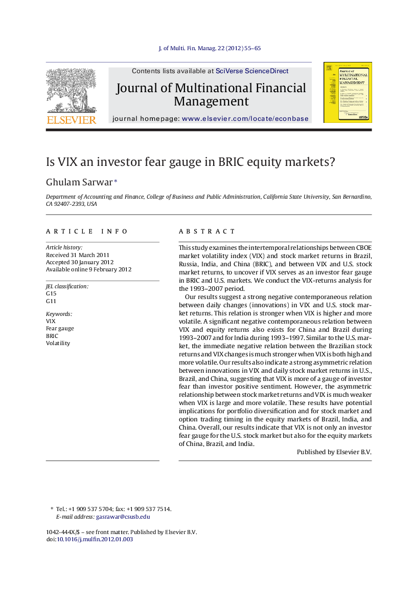 Is VIX an investor fear gauge in BRIC equity markets?