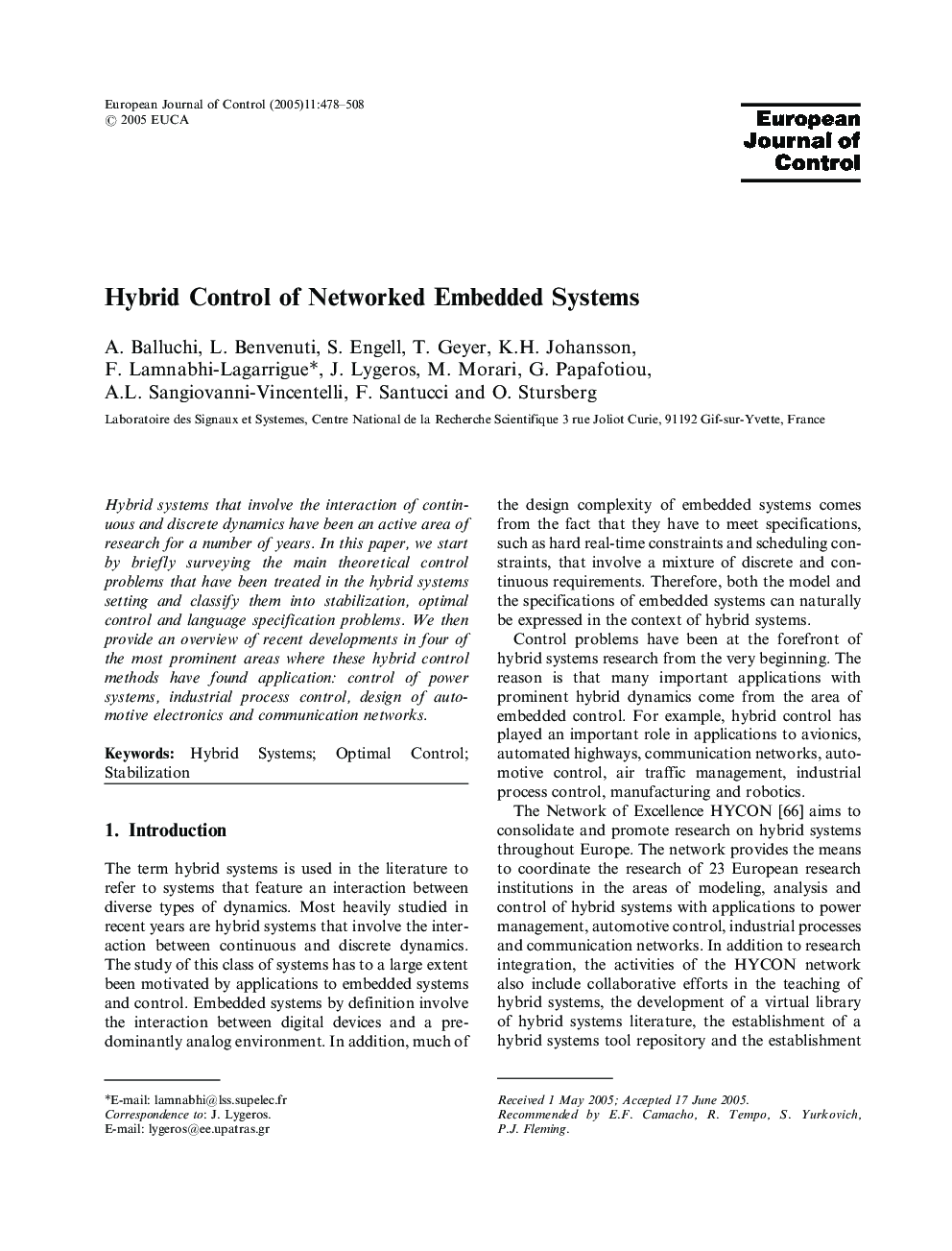 Hybrid Control of Networked Embedded Systems