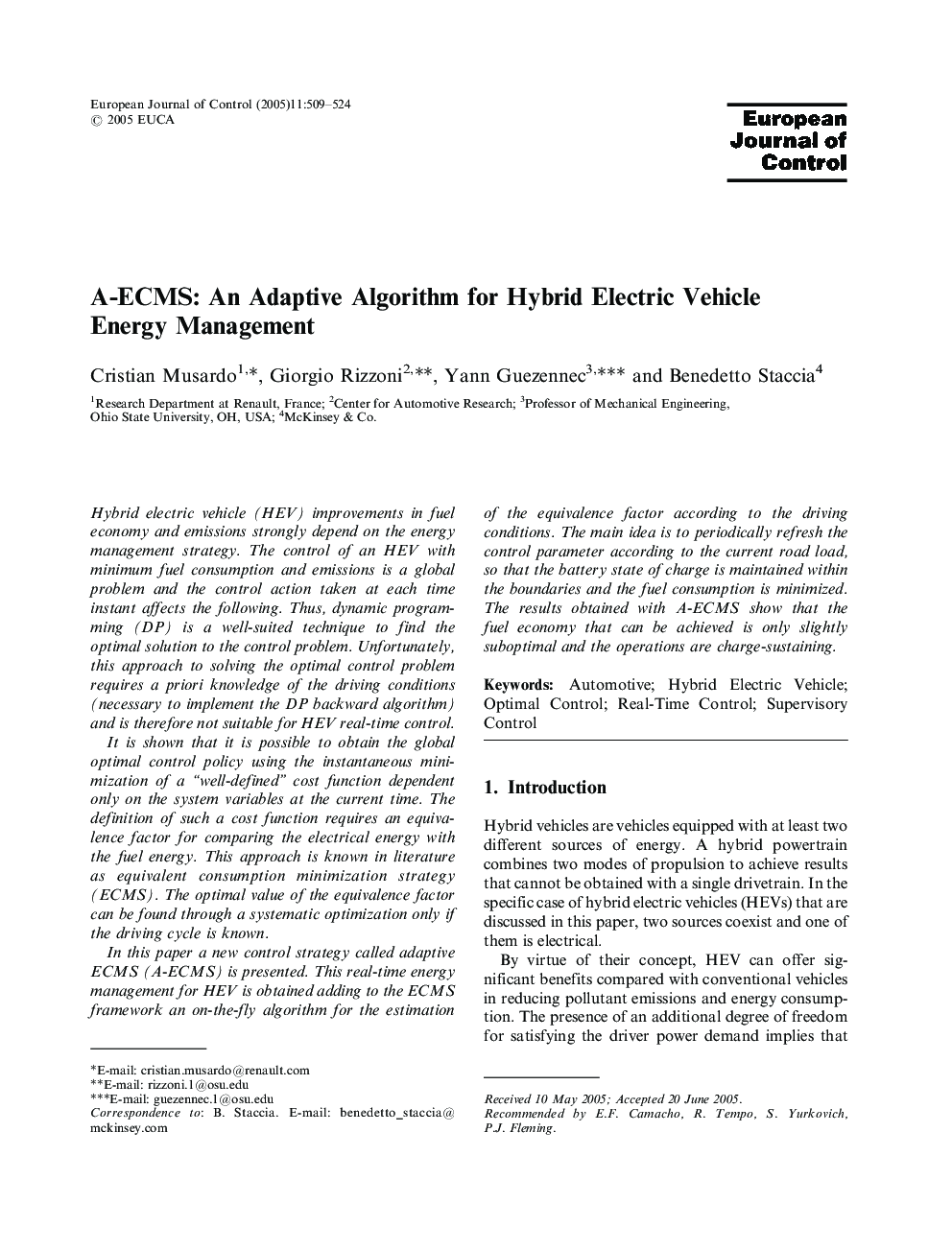A-ECMS: An Adaptive Algorithm for Hybrid Electric Vehicle Energy Management