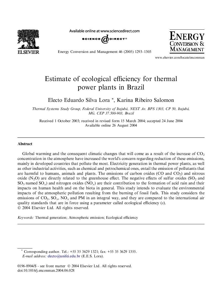 Estimate of ecological efficiency for thermal power plants in Brazil